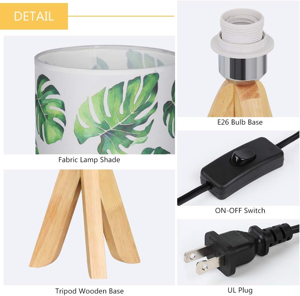 HAITRAL Small Table Lamp - Tripod Nightstand Lamp, Modern Bedside Desk Lamp for Kids Room, Girls Room, Bedroom, Dorm Room, Office with Wooden Base Fabric Lamp Shade