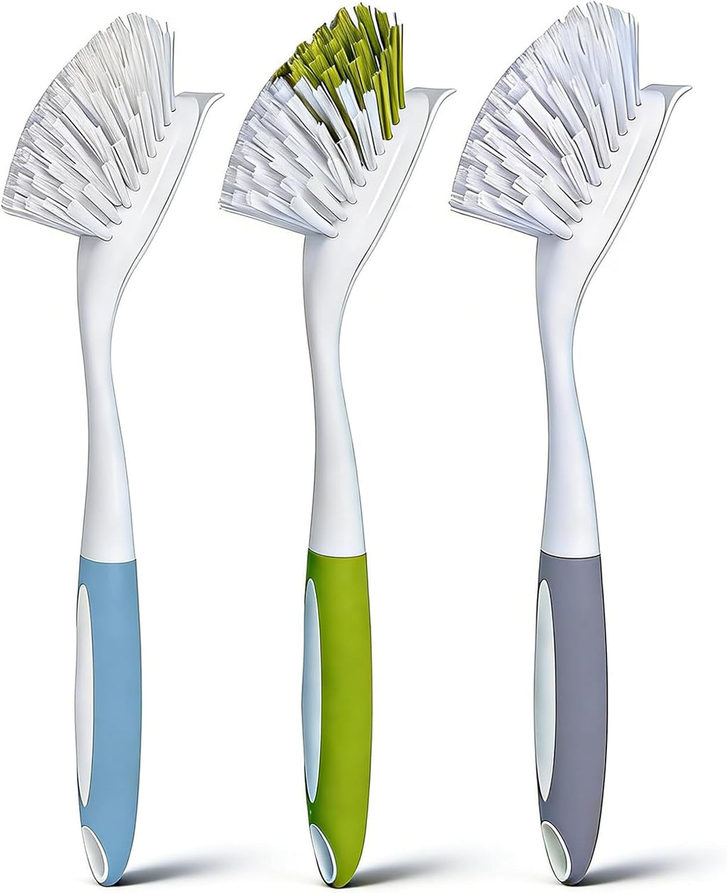 Dish Brush Scrub Brush with Handle - 3 Pack Stiff Bristles Dish Scrubber for Cleaning Dishes, Pots, Pans, Sink, Cast Iron - Hard Bristles,No Residue (Yellow-Green, Gray, Light Blue)