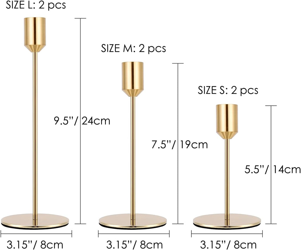Gold Metal Taper Candle Holders Set of 6, Wedding Dining Table Decor