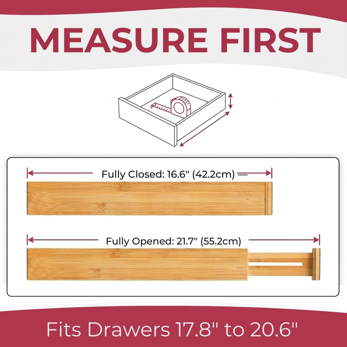 Adjustible Draw Divider, Adjustable Expandable Drawer Organizer with Spring Loaded Design, Bamboo Drawer Separators for Kitchen, Dresser, Bedroom, Bathroom & Office- 6 pack