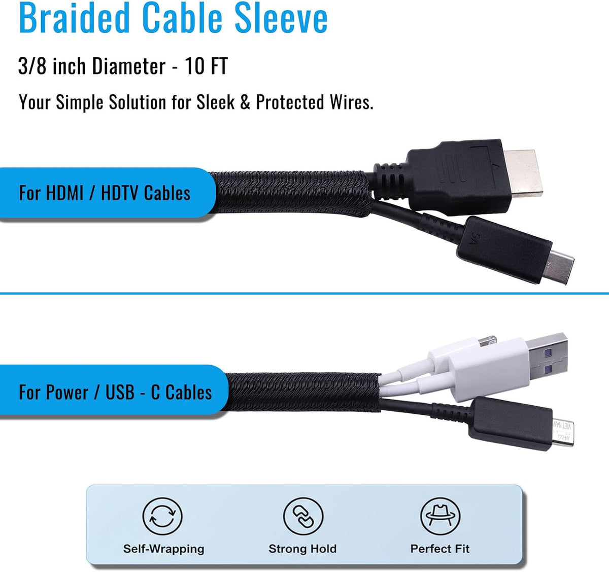 3/8" - 10Ft Split Braided Cable Sleeve, Wire Loom Tubing, Black