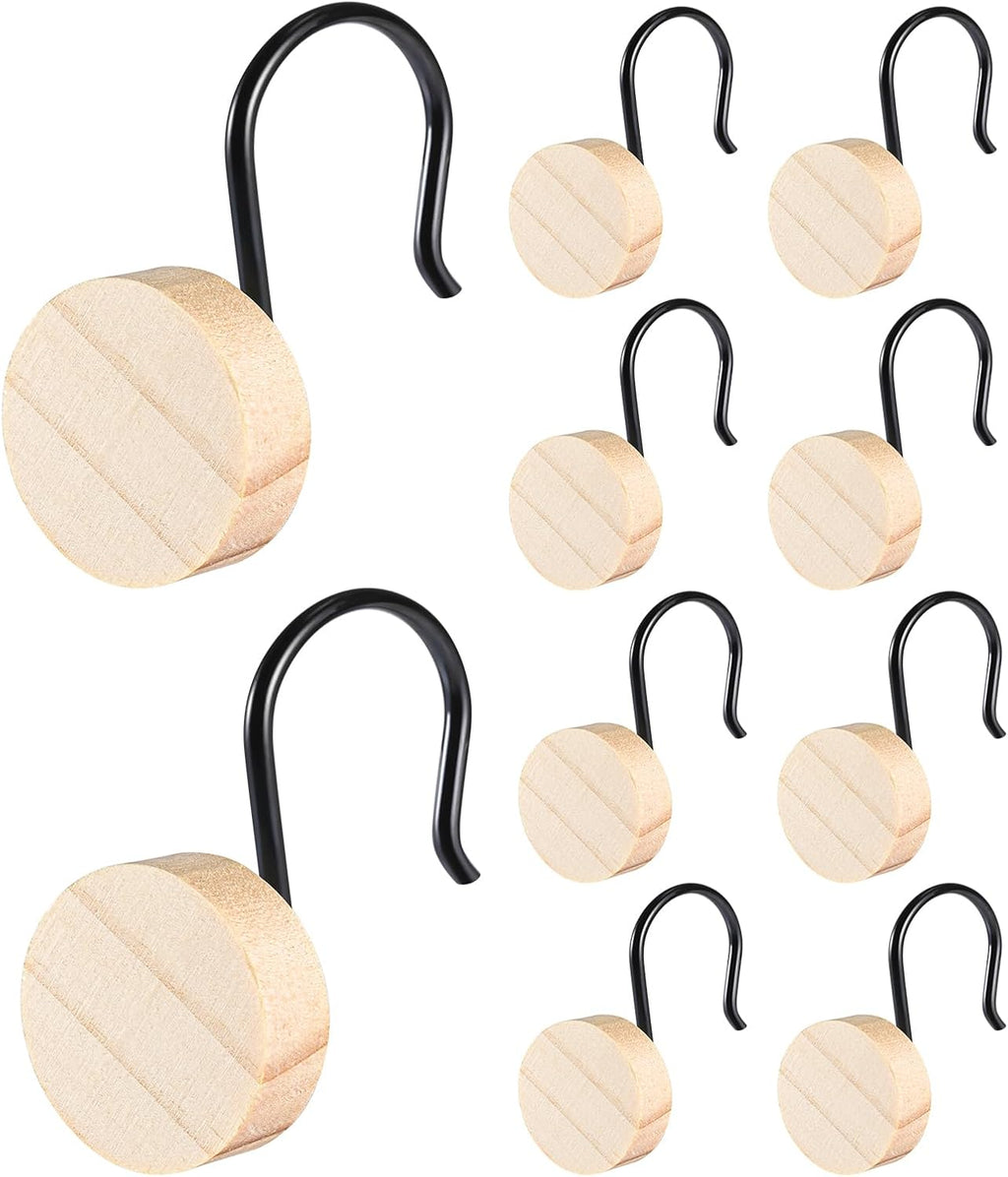 Wood Shower Curtain Hooks with Black Metal Rings, Set of 12 Decorative Hardware for Bathroom Rods
