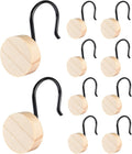 Wood Shower Curtain Hooks with Black Metal Rings, Set of 12 Decorative Hardware for Bathroom Rods