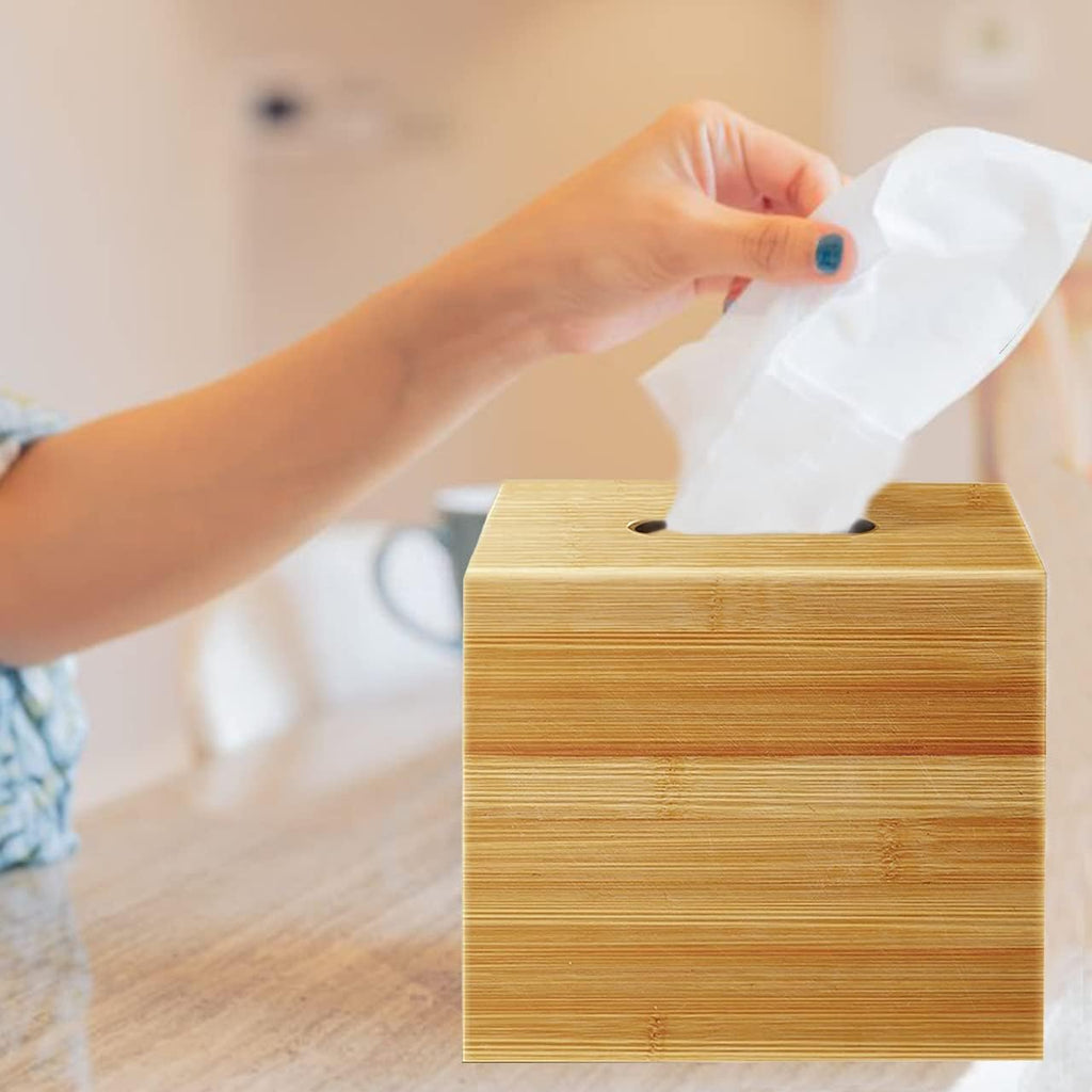 Performore Square Bamboo Tissue Box Cover - Stylish Water-Resistant Wooden Facial Tissue Holder for Bathroom, Office Desk & Nightstand - Compact 16"x14"x14" Design (Pack of 2)