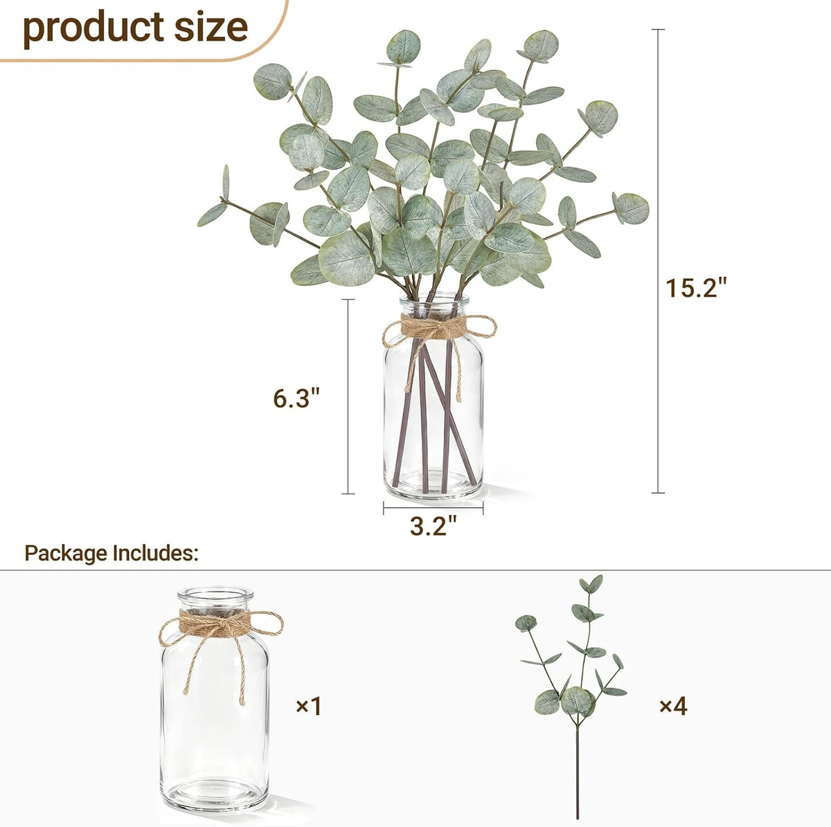 Mkono Fake Plants, Artificial Eucalyptus Stems in Glass Vase for Home Decor
