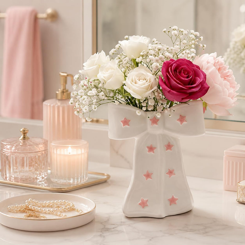 White Bow Vase, White and Pink Flower Vase for Home Decor