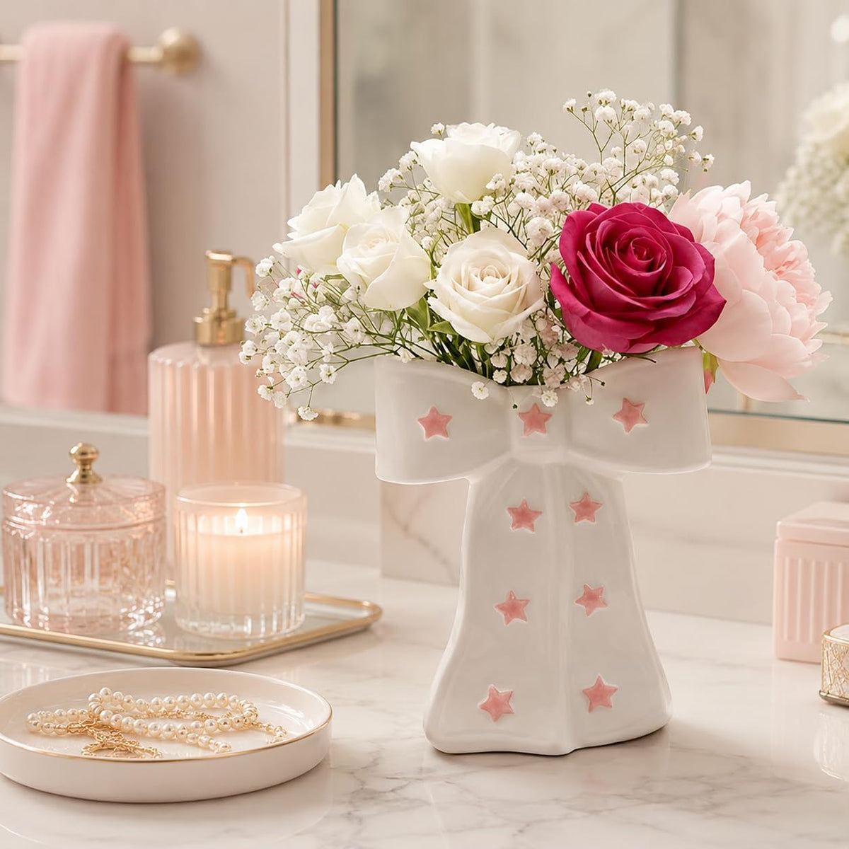 White Bow Vase, White and Pink Flower Vase for Home Decor