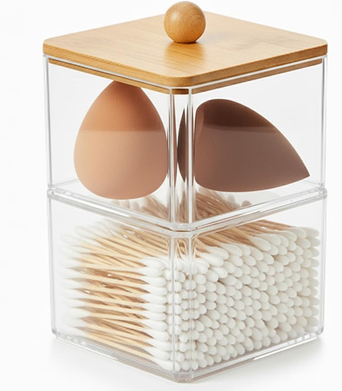 Cotton Ball Holder, Bamboo Lid, Double Layer, Stackable