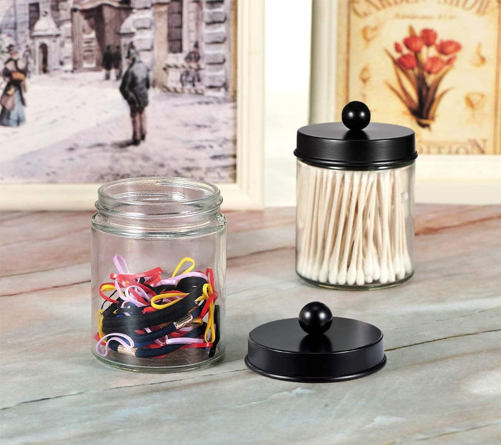 Amolliar Apothecary Jar Qtip Holder w/Metal Lid Glass,Glass, Black 2Pack