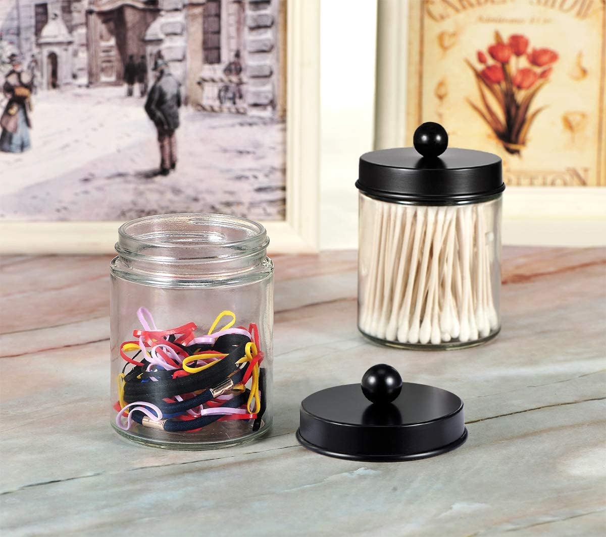 Amolliar Apothecary Jar Qtip Holder w/Metal Lid Glass,Glass, Black 2Pack