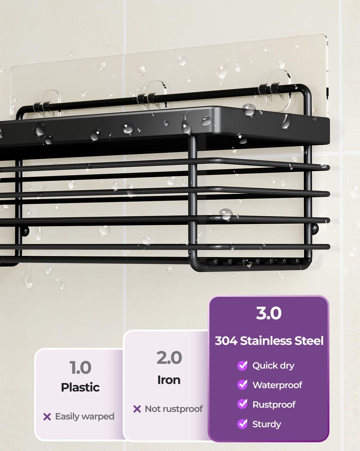 ODesign Shower Shelves Adhesive 3 Pack Stainless Steel Storage Shelve-Black