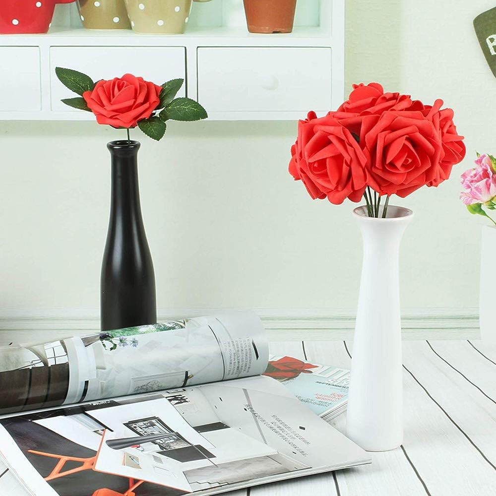 Higfra Artificial Flowers 25pcs Real Looking Fake Roses with Stems for DIY Wedding Bouquets Baby Shower Centerpieces Floral Arrangements Party Tables Home Decorations