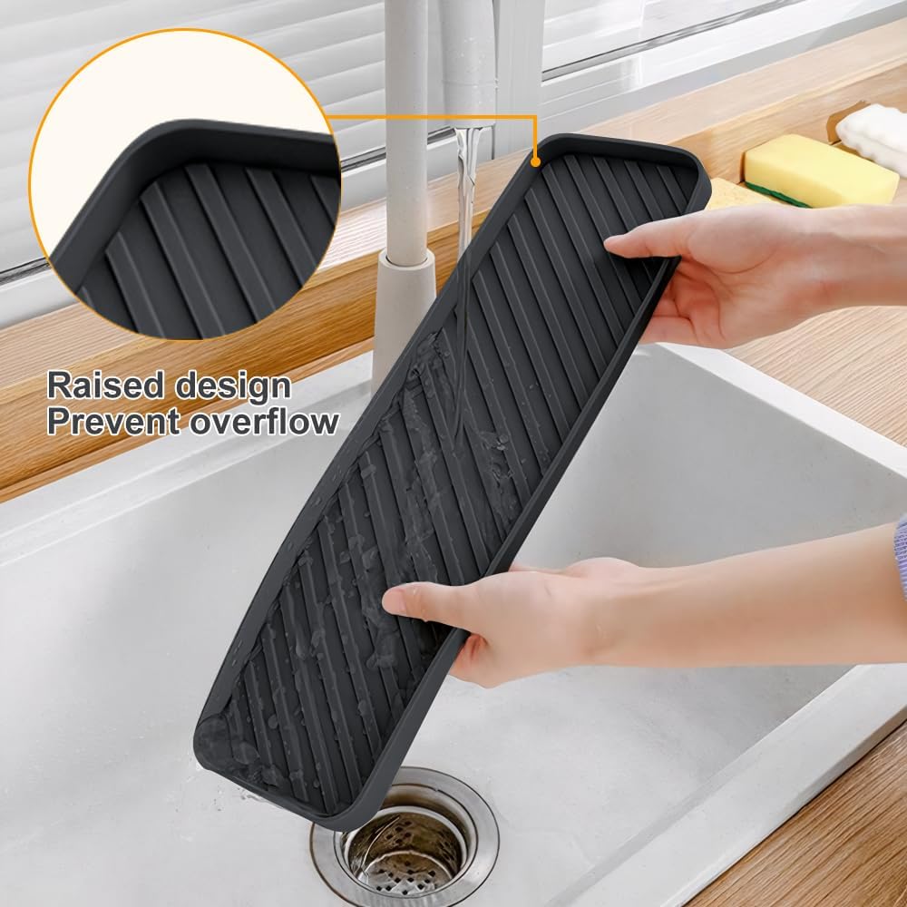Silicone Organizer Tray for Kitchen Sinks and Bathrooms. Dishwasher-Safe, Non-Slip Countertop Tray, Bathroom Drawer Organizer Trays. Perfect for Makeup & Trinkets (Dark Gray L 1PC)