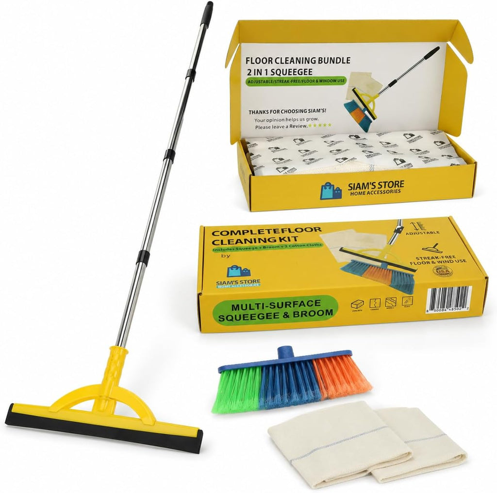 2-in-1 Floor Squeegee & Broom Kit with Telescopic Handle, 17.5 Inch Heavy Duty Water Squeegee for Tile, Concrete, Marble, Garage & Shower, Includes 2 Cotton Cloths
