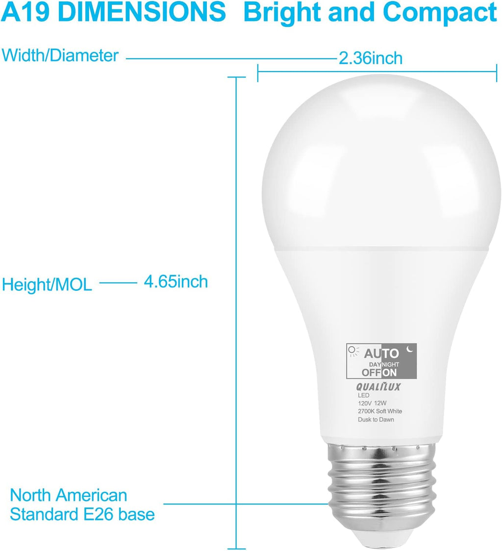Qualilux Dusk to Dawn Light Bulbs, Auto On/Off Light Sensing LED Bulbs Outdoor, Soft White, A19 2-Pack, 12W 1000LM 75W Equivalent, HQ-H021
