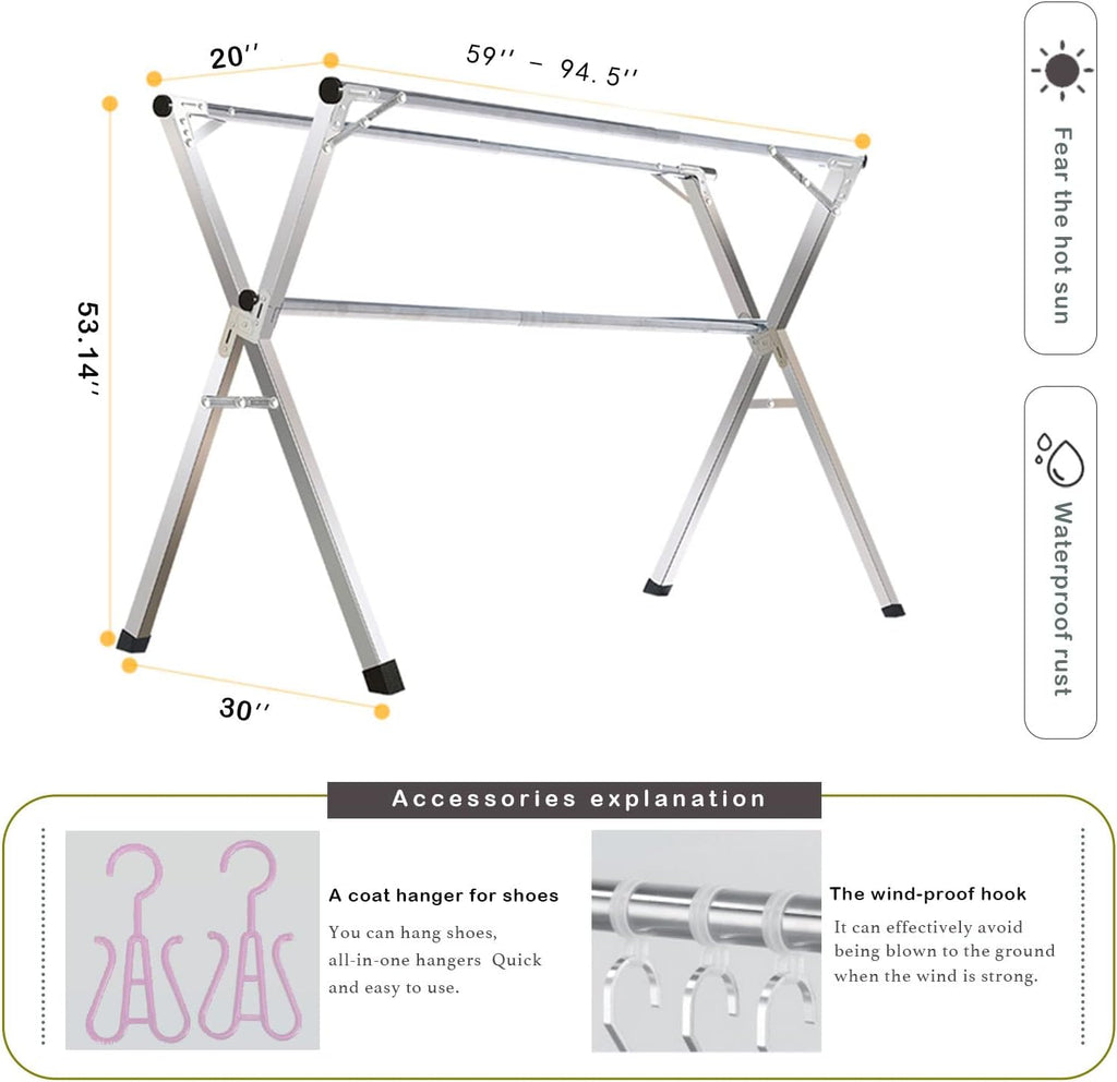 AIODE Clothes Racks for Hanging,94.5 inch for Stainless Steel Adjustable and Foldable Space Saving Laundry Clothes Drying Rack for Indoor Outdoor with Windproof Hooks