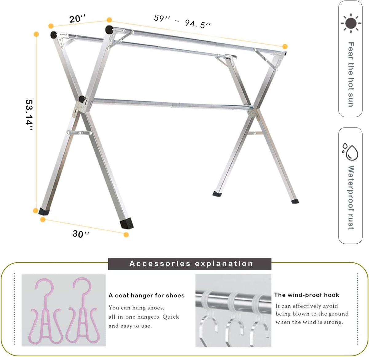 AIODE Clothes Racks for Hanging,94.5 inch for Stainless Steel Adjustable and Foldable Space Saving Laundry Clothes Drying Rack for Indoor Outdoor with Windproof Hooks
