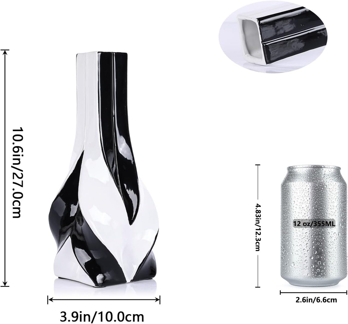 10.6" Black and White Ceramic Vase, Modern Geometric Flower Vase for Dining Table Centerpiece, Elegant Decorative Vase for Pampas Grass, Living Room, Bedroom, Office, Tabletop Decoration