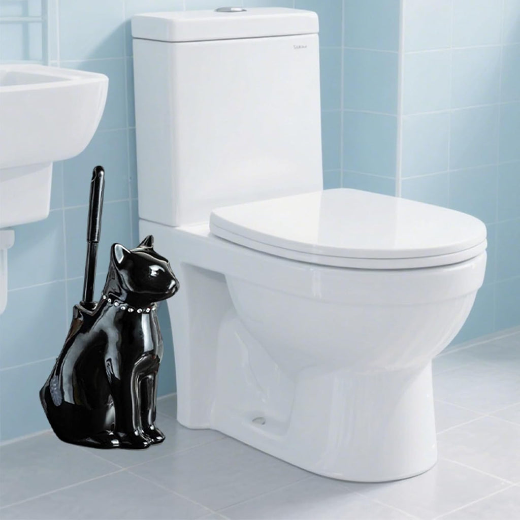 Comeon Ceramic Cat Toilet Brush and Holder Set, Plastic Handle, Black