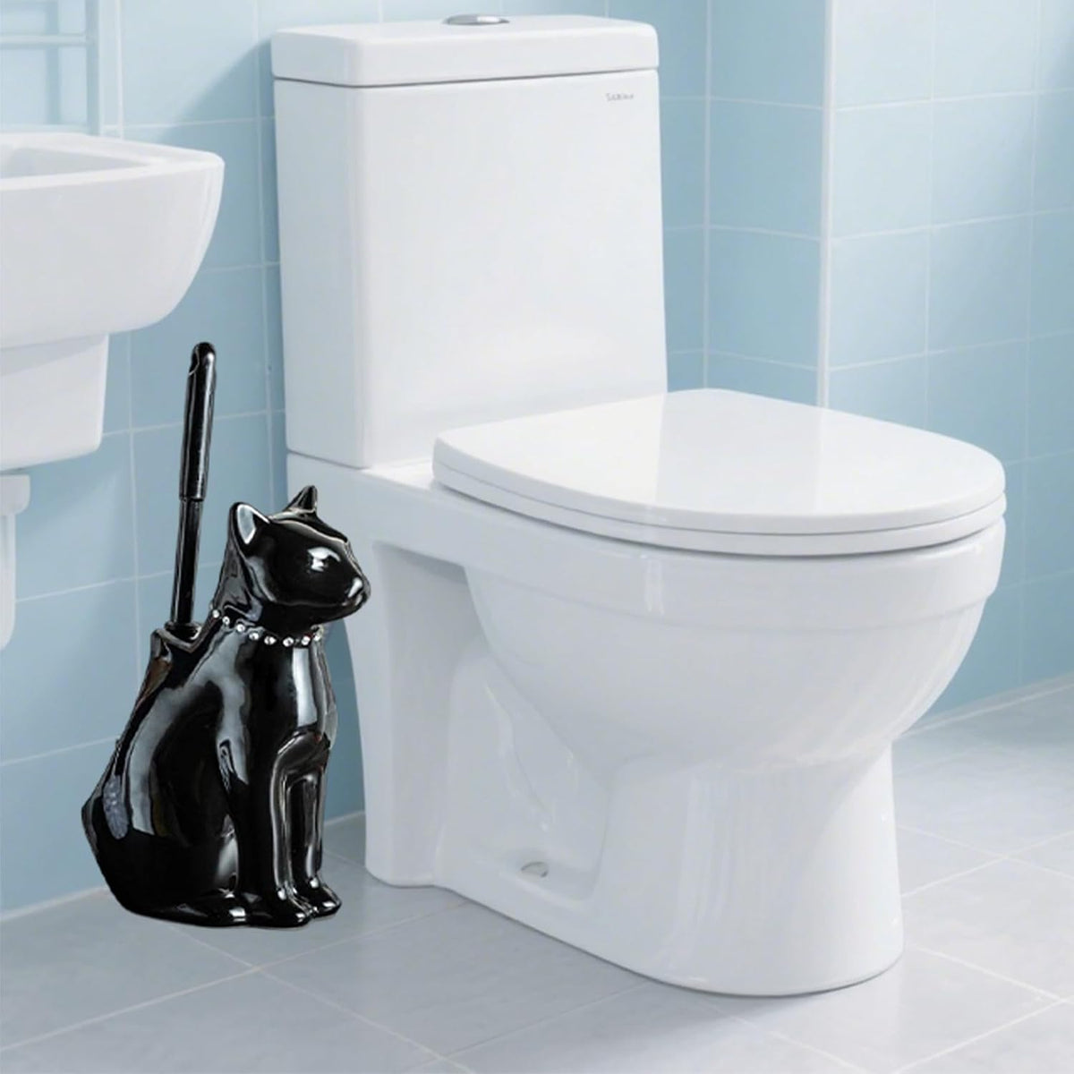 Comeon Ceramic Cat Toilet Brush and Holder Set, Plastic Handle, Black