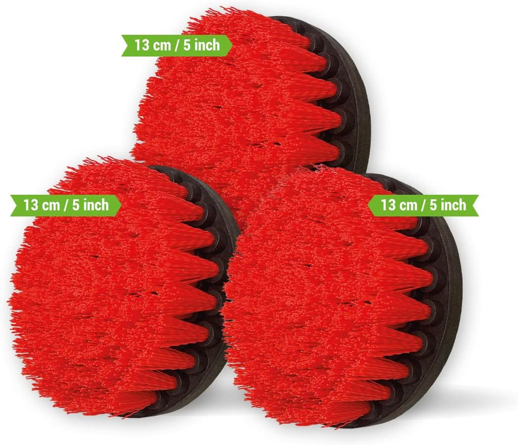 Premium Drill Brush Professional – Stiff 5 in Red Set of 3 | Scratch-Free Outdoor Cleaning Brush for Patio Bricks, Decking, Garden Tools, Lawn Mowers, Bicycles, Pool Tiles and Boat Hulls