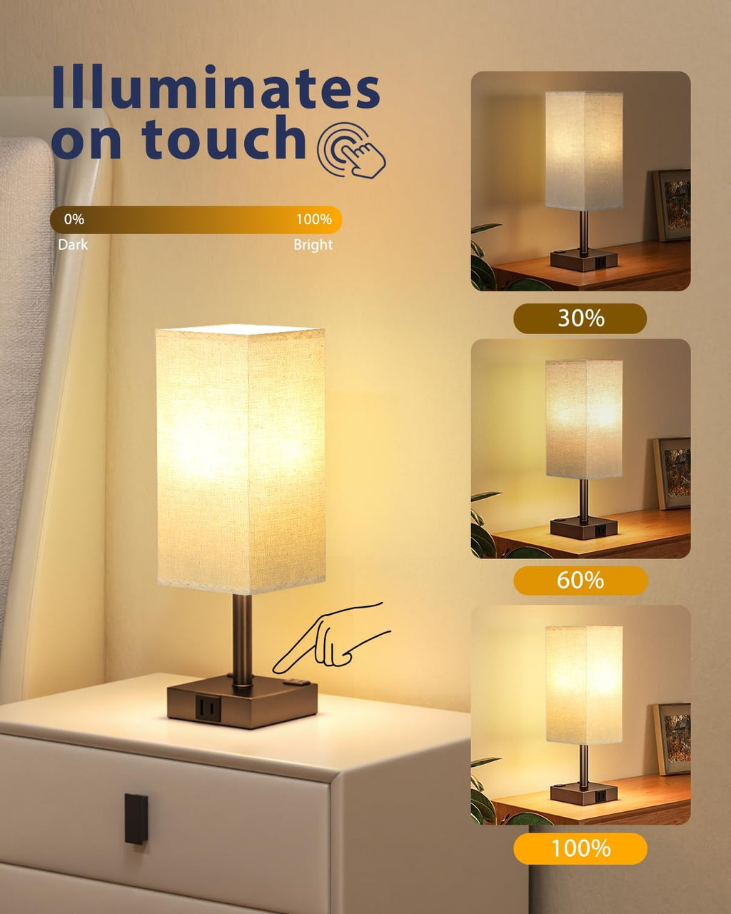 Brown Touch Table Lamp for Bedroom - Dimmable, USB C+A, 2 AC Outlets