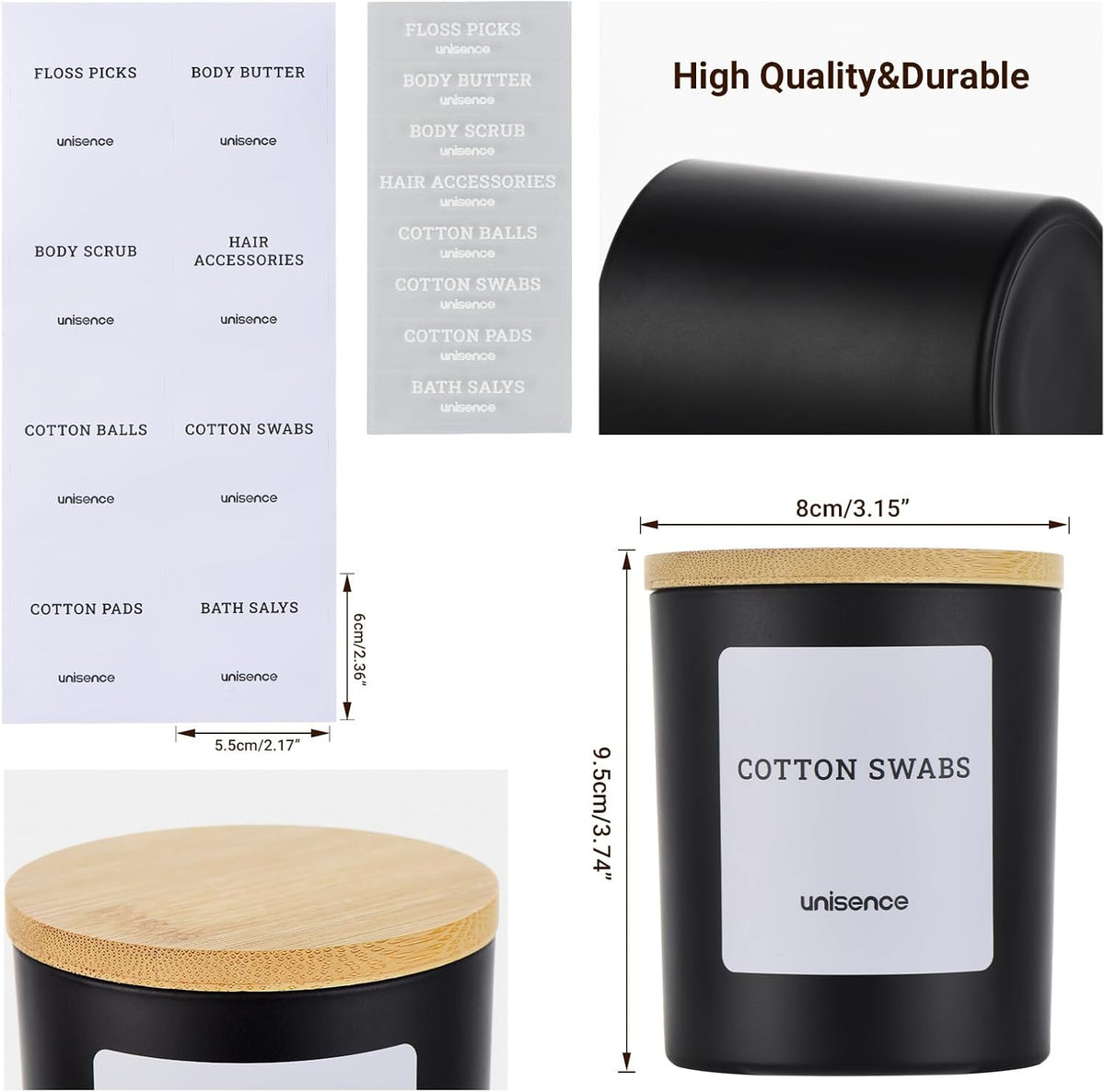 Glass Qtip Holder 2 Pack , Qtip Holder Dispenser Bathroom Set Bathroom Organizers and Storage Q tip Holder with Lid Makeup Storage Organizer for Cotton Swabs,Cotton Balls,Pads,Floss Picks ,Black