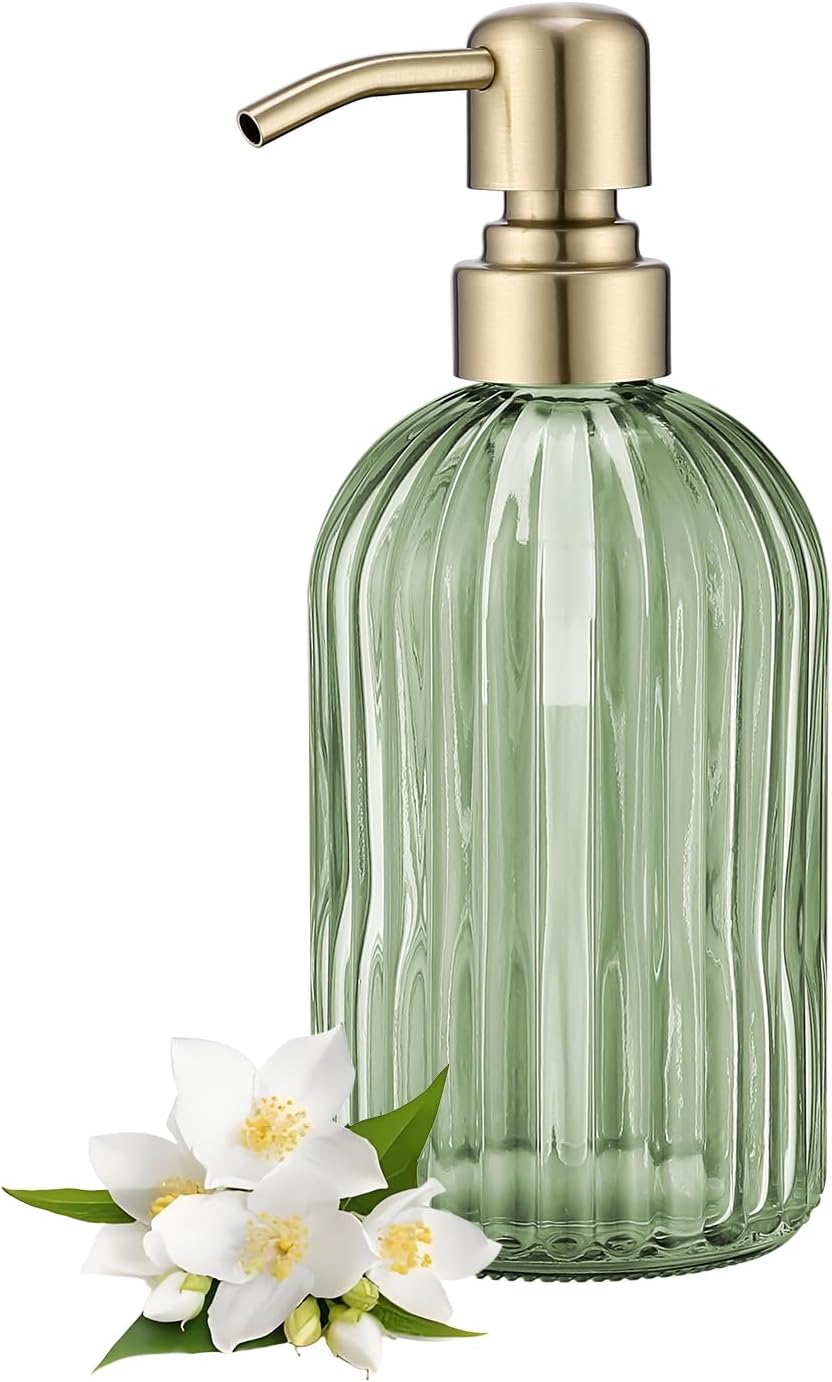 Avola Green Glass Soap Dispenser, Vertical Stripes Bathroom Hand Soap Dispensers with Brushed Gold Pump, 16 Oz Glass Kitchen Dish Soap Dispenser,Stainless Steel Liquid Green Soap Dispensers