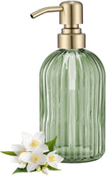 Avola Green Glass Soap Dispenser, Vertical Stripes Bathroom Hand Soap Dispensers with Brushed Gold Pump, 16 Oz Glass Kitchen Dish Soap Dispenser,Stainless Steel Liquid Green Soap Dispensers