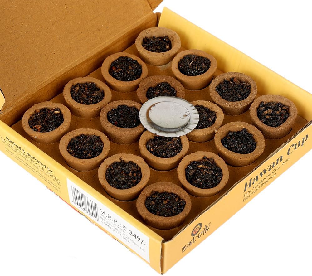SATVIK Sambrani Cups, Charcoal Free Hawan Cups Made from Natural Herbs, Flowers, Loban & Guggle Incense for Dhuni, Home Cleansing, Yoga, Meditation & Aromatherapy (Pack of 1 (16 Cups))