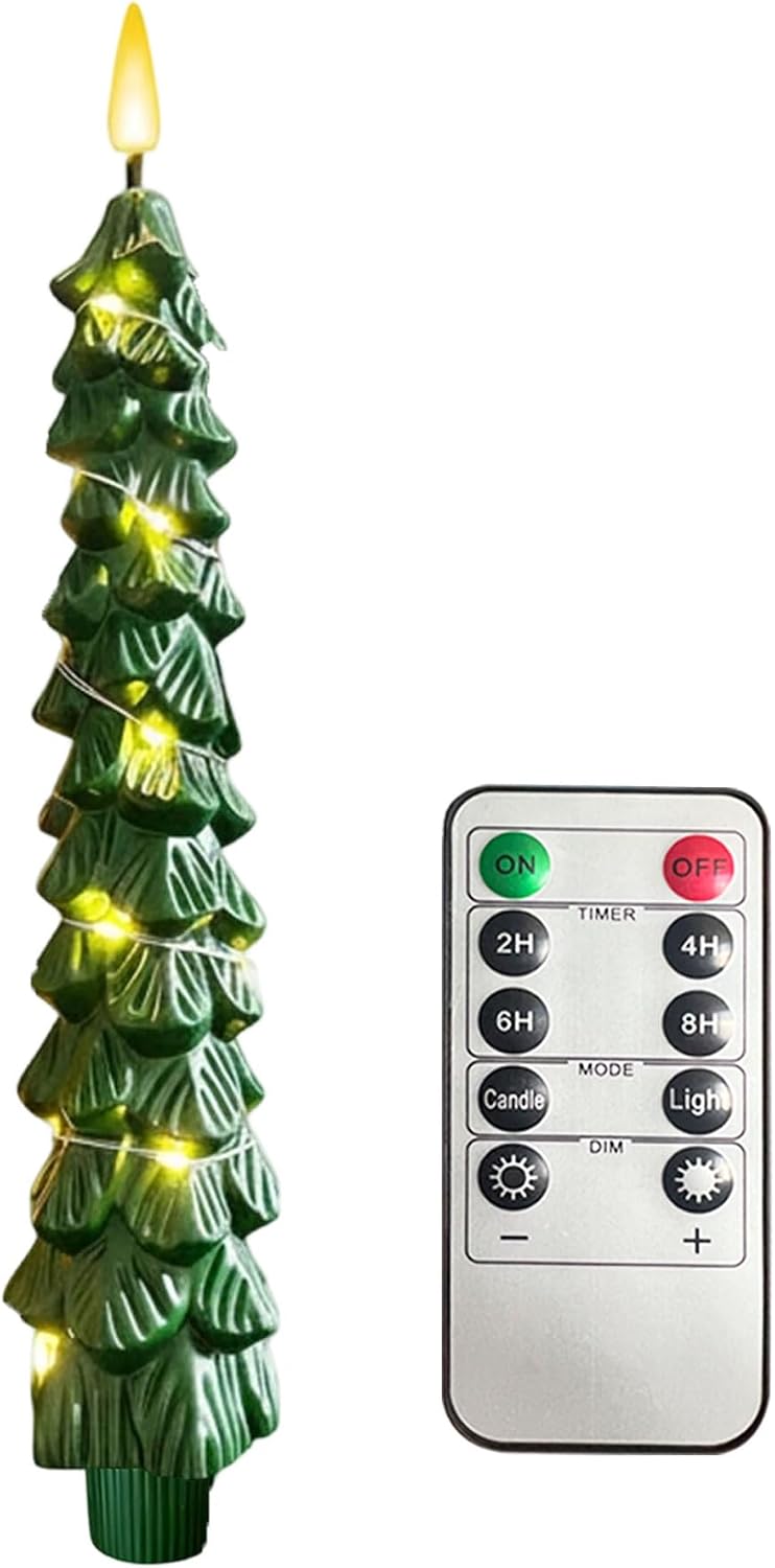 Christmas Tree Candles with Warm String Lights, LED Taper Candles with Remote Timer, Battery Operated Candle, 3D Flickering Christmas Flameless Candlesticks for Home Party Decorations (1pcs)