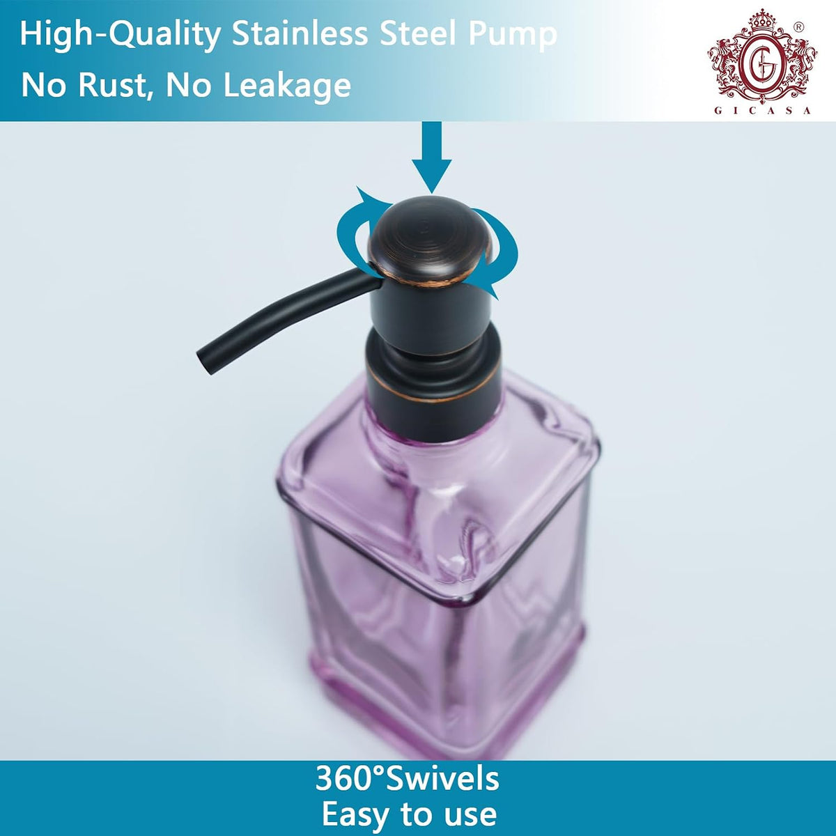 Soap Dispenser，10 Oz Antique Design Thick Glass Hand Soap Dispensers; with 304 Rust Proof Stainless Steel Pump, 6Pcs Stickers, for Kitchen,Bathroom Purple+Oil Rubbed Bronze