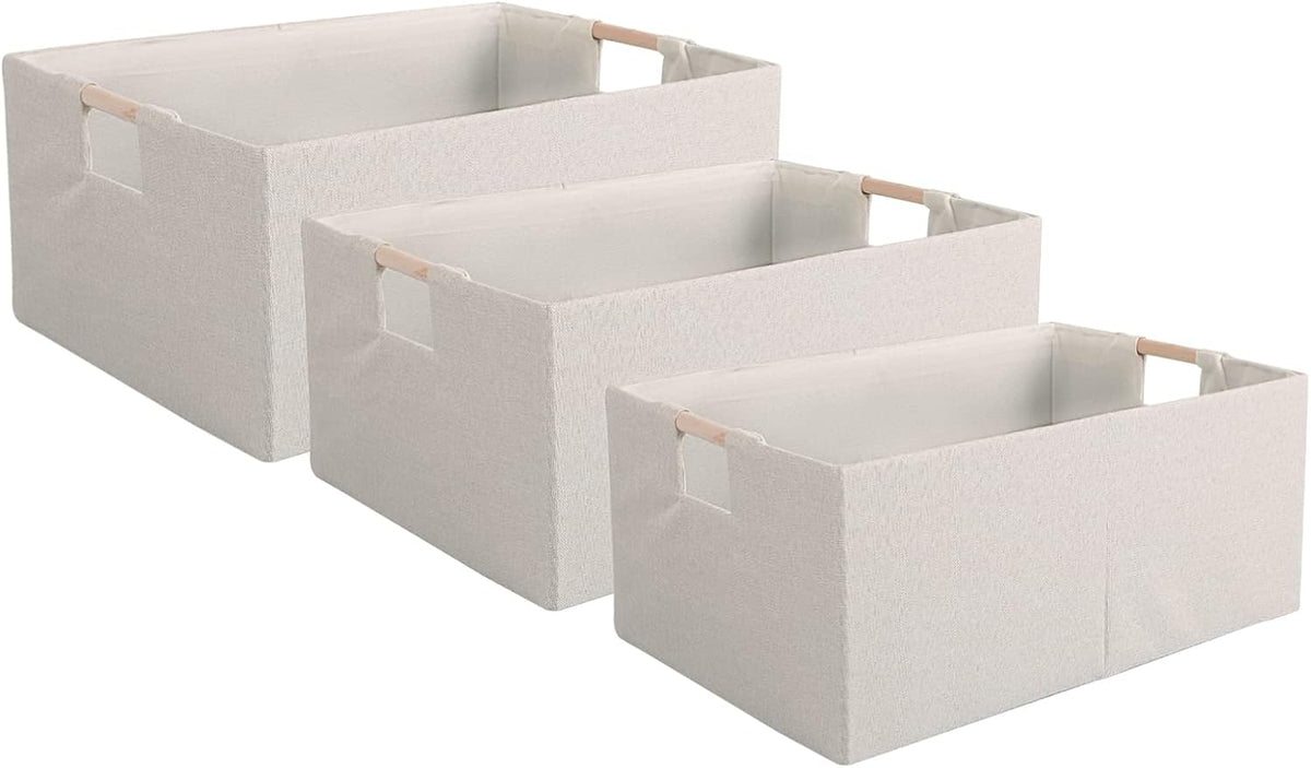 Fabric Storage Bin Box Foldable Cotton Linen Storage Basket with Wooden Handles Rectangular Cube Decorative Home Laundry Organizer Clothes Blanket Container – Beige, Medium