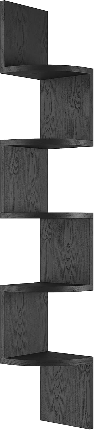 GREENDEW 5-Tier Wall Mount Radial Floating Corner Shelf, Wood Display Storage Shelves for Home Office Decor (Black)