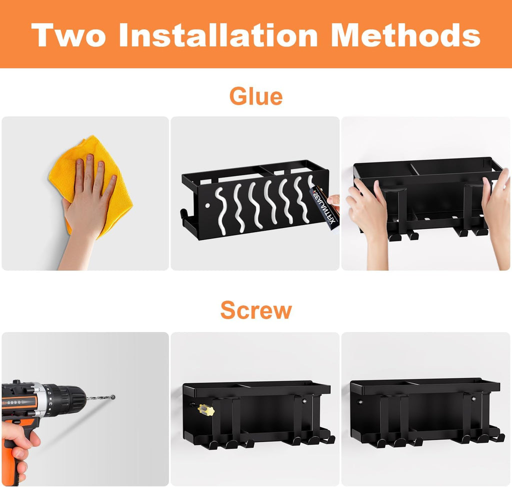 Wall Mounted Toothbrush Holders for Bathroom, Self Adhesive or Drill, Black