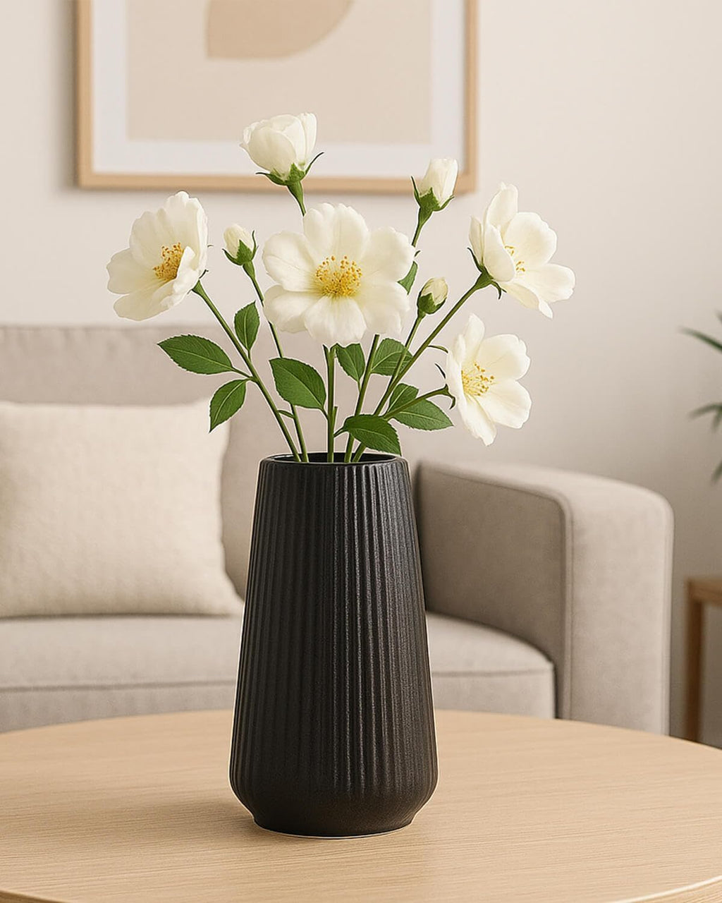 vensovo 8 Inch Glossy Black Ceramic Vase, Ribbed Narrow Neck Flower Vase