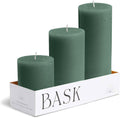 BASK Mottled Dark Green Pillar Candles - Unscented, Dripless, Smokeless Set of 3 for All Occasions