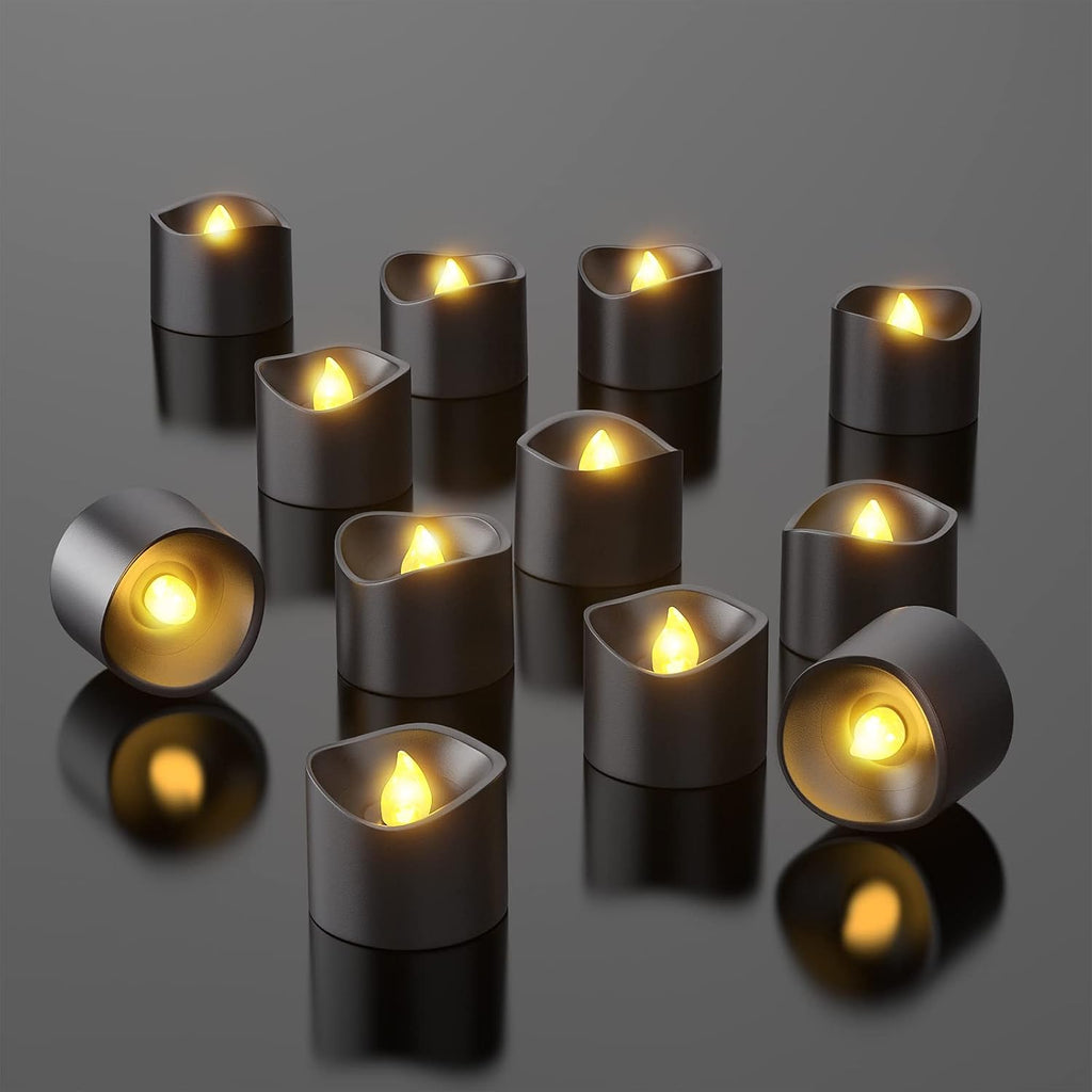 Black LED Tea Lights, 12pcs Battery Operated Tealights Flickering Flameless Votive Candles with Realistic Warm White for Birthday Themed Party Home Halloween Christmas Decorations