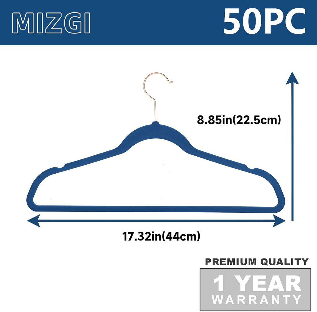 MIZGI Velvet Hangers 50 Pack Non Slip Mediterranean Blue Rose Gold Hooks