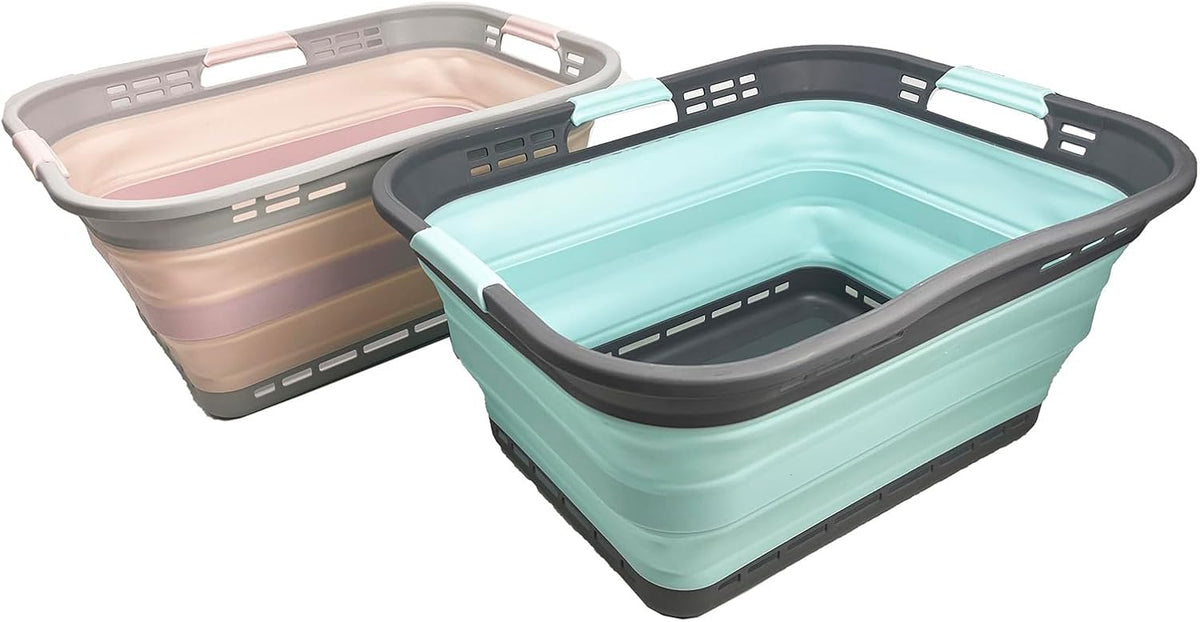 SAMMART 42L (11 Gallon) Collapsible Plastic Storage Basket - Foldable Pop Up Storage Container - Portable Laundry Organizer - Space Saving Hamper (Pink+Lake Green, 42L (Style A))