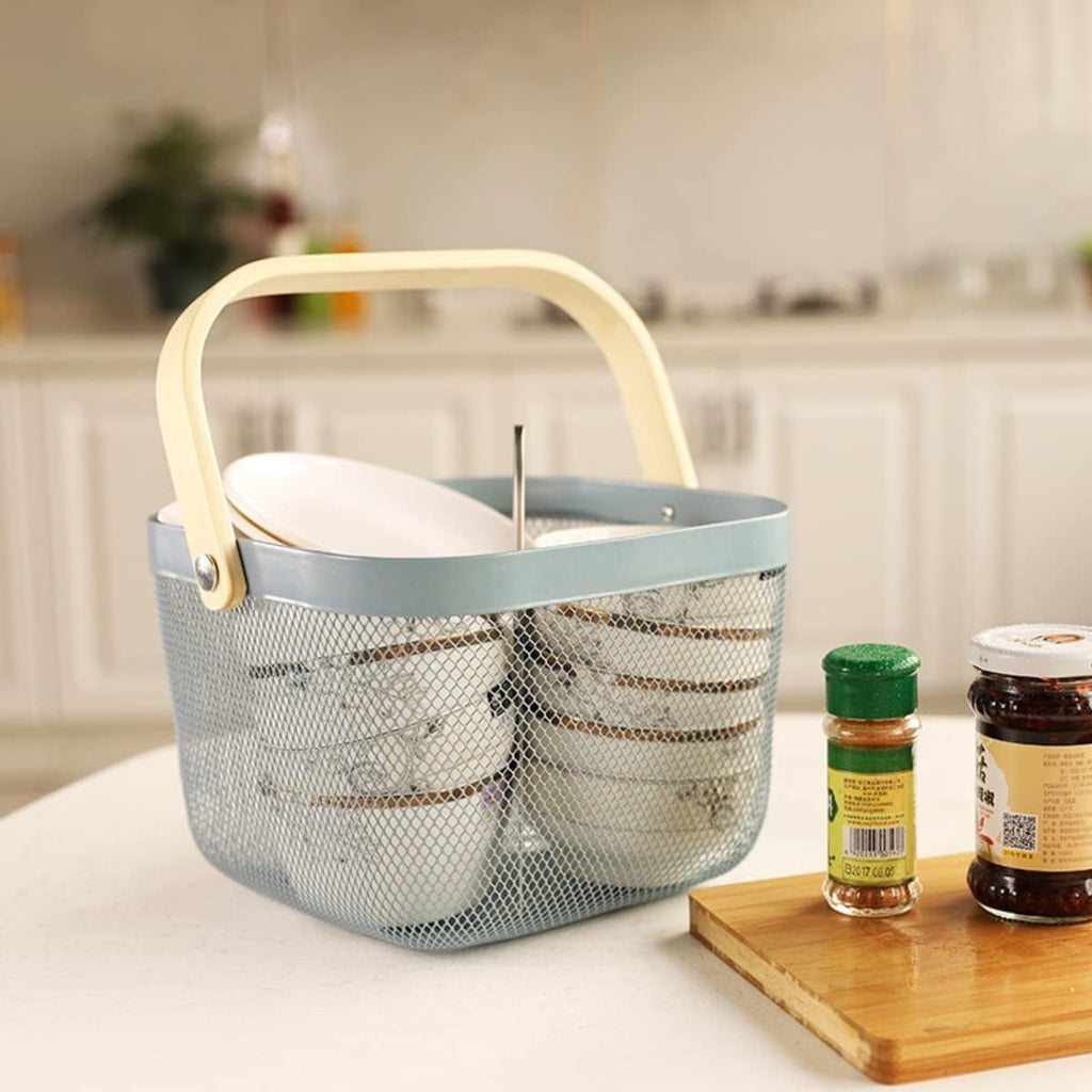 Mesh Steel Storage Organizer Basket Fruit Basket Bin with Wood Handle Ideal for Kitchen Bathroom Picnic Baskets Pantry Cabinets Storage Home Decor (Pink)