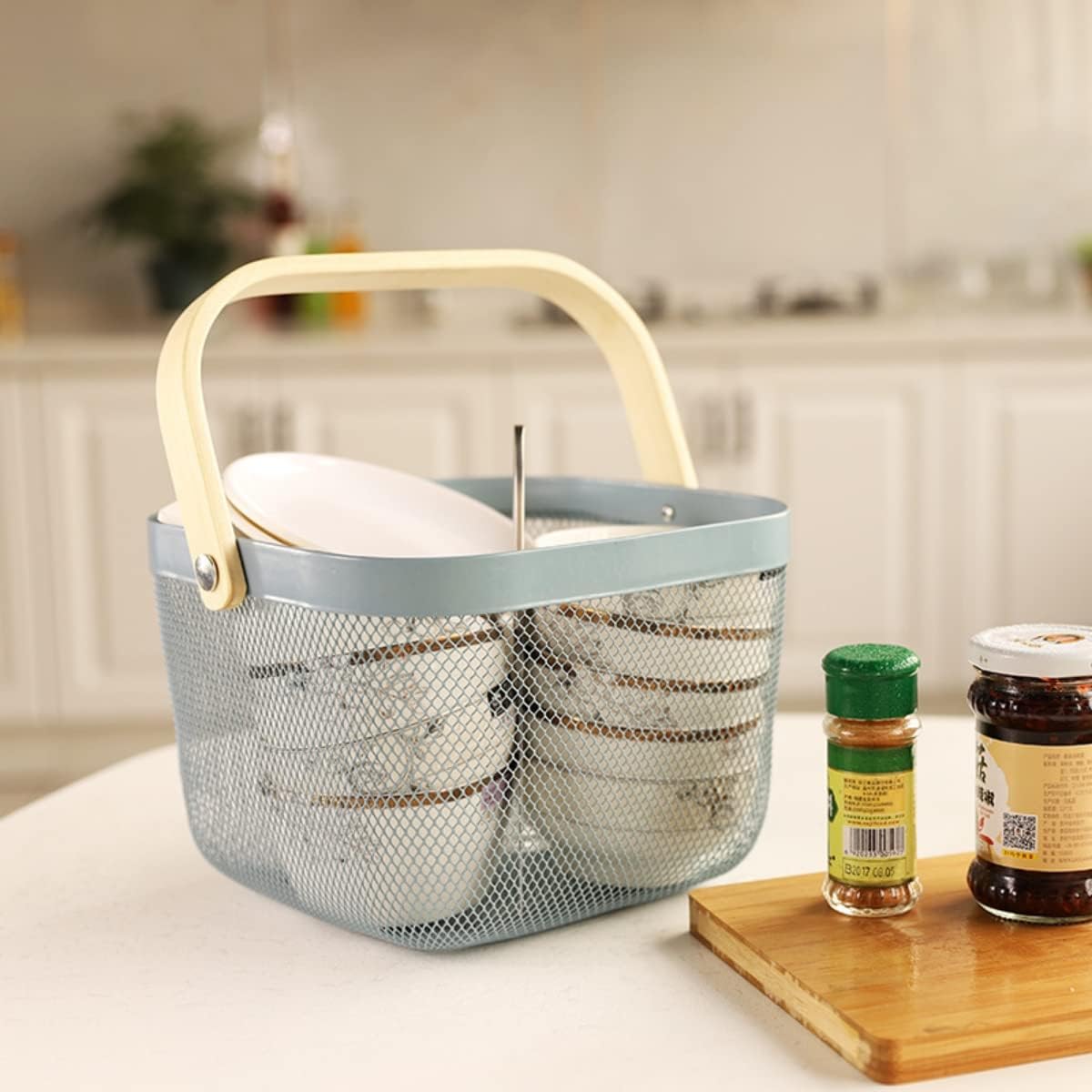 Mesh Steel Storage Organizer Basket Fruit Basket Bin with Wood Handle Ideal for Kitchen Bathroom Picnic Baskets Pantry Cabinets Storage Home Decor (Pink)