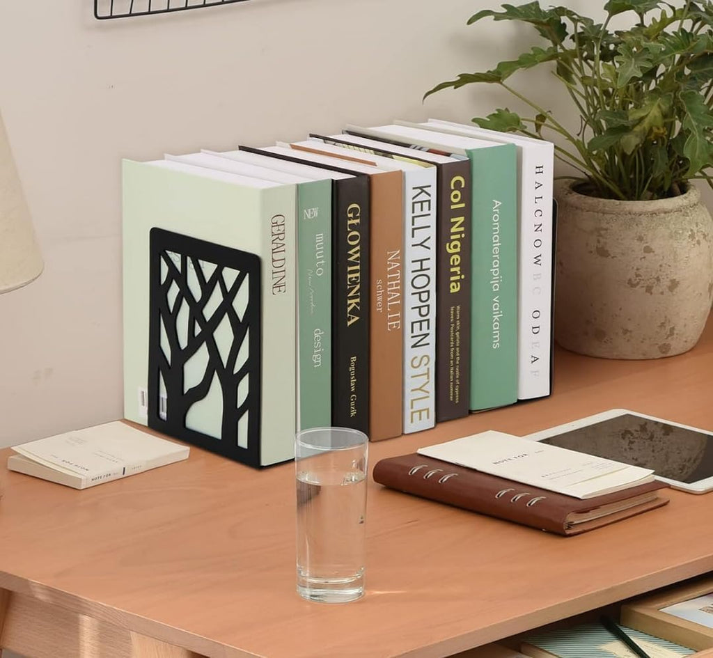 Tree Bookends Metal Nonskid Bookends Heavy Duty Bookshelves Organizer Office Bookend for Shelves, Book Ends for Heavy Books (Tree Shadow A-Black, 1 Pair)