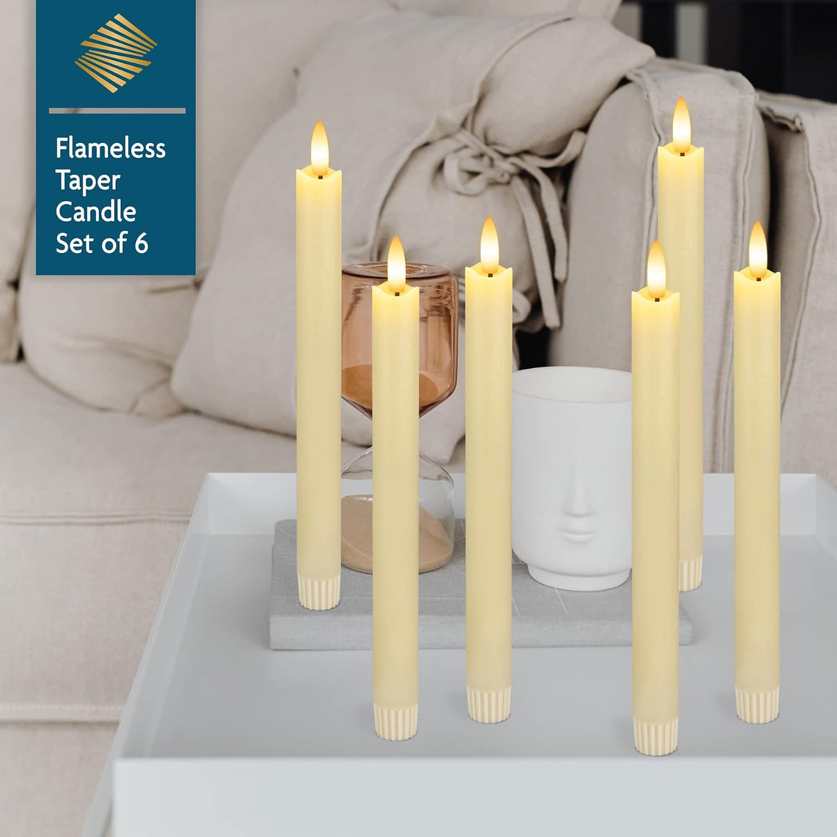 Real Wax Flameless Taper Candles with Remote Timer,Battery Operated LED Candles Set with 3D Flickering Flame,9.6" Ivory Realistic Dripless Candlesticks for Wedding Home Decor,6 Pack
