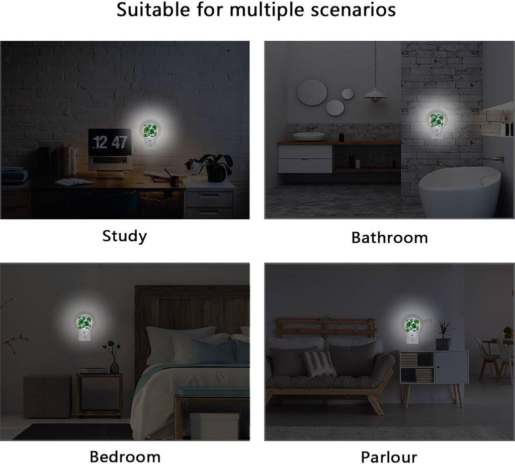 Vdsrup Summer Palm Leaves Night Light Set of 2 Tropical Jungle Plug-in LED Nightlights Auto Dusk-to-Dawn Sensor Lamp for Bedroom Bathroom Kitchen Hallway Stairs