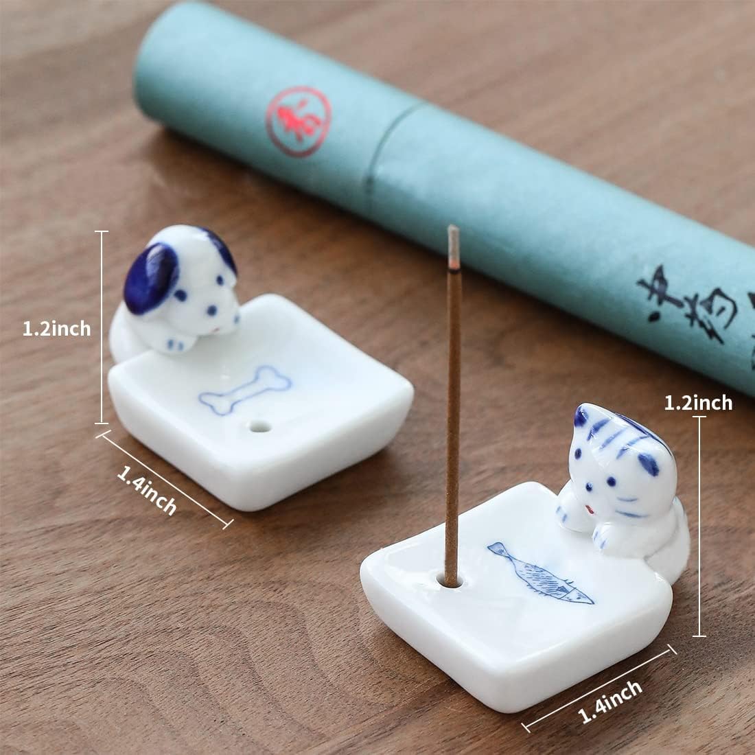 Set of 2, Japanese Mini Cute Kitty Cat with Dog Handmade White Ceramic Incense Stick Holder or Incense Burner Holder, Inscent Tray for Home Decor Yoga Spa Meditation, 1.42 inches
