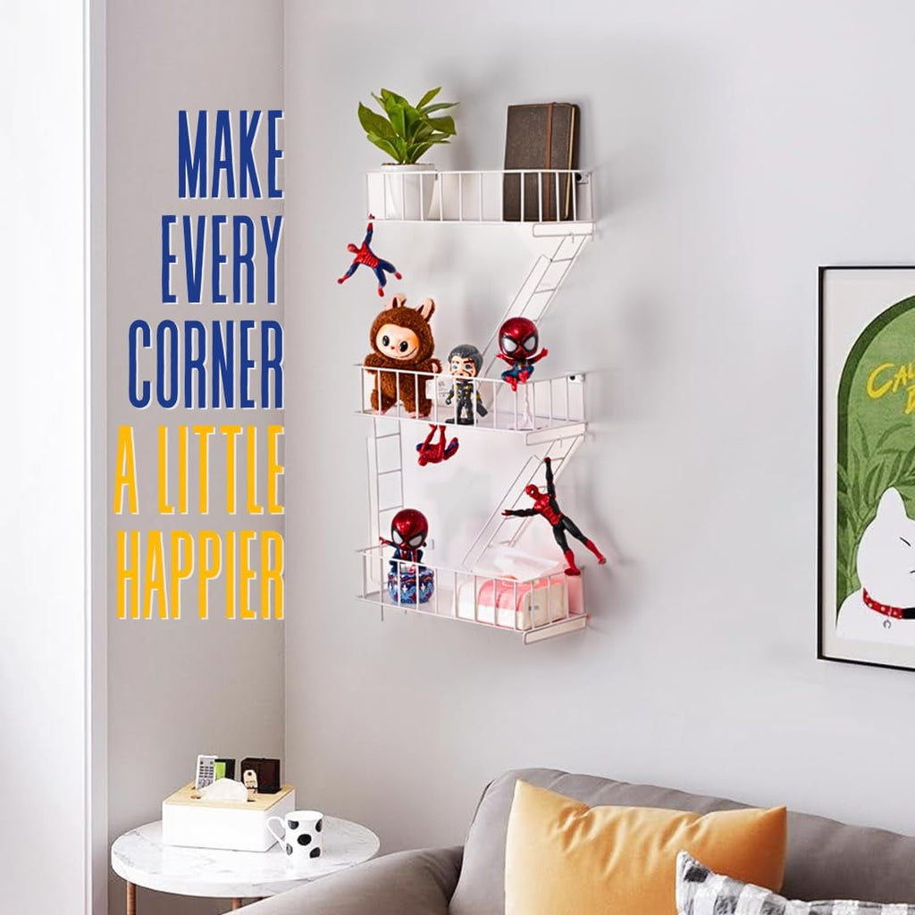 Fire Escape Wall Shelf, White Metal Decorative Floating Ladder, 3-Tier