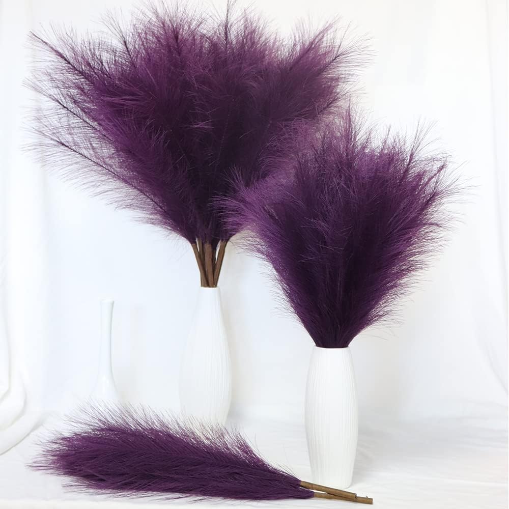 MAKHOT Pampas Grass Tall, 30” Bundle of 5 Detachable Fake Artificial Dried Grey Floral Grass Home Living Room Decor, Faux Gray Pampas Grass Decor Fluffy Filler for Floor Vases(Purple/Gray)