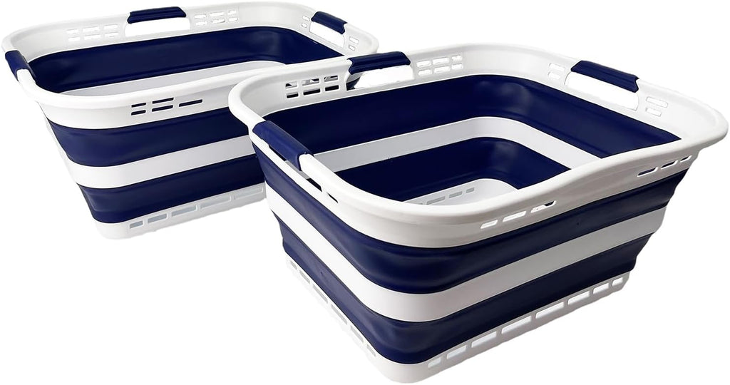 SAMMART Set of 2 Collapsible Plastic Storage Basket - Foldable Pop Up Storage Container - Portable Laundry Organizer - Space Saving Hamper (White/Starry Blue, 42L (Style A))