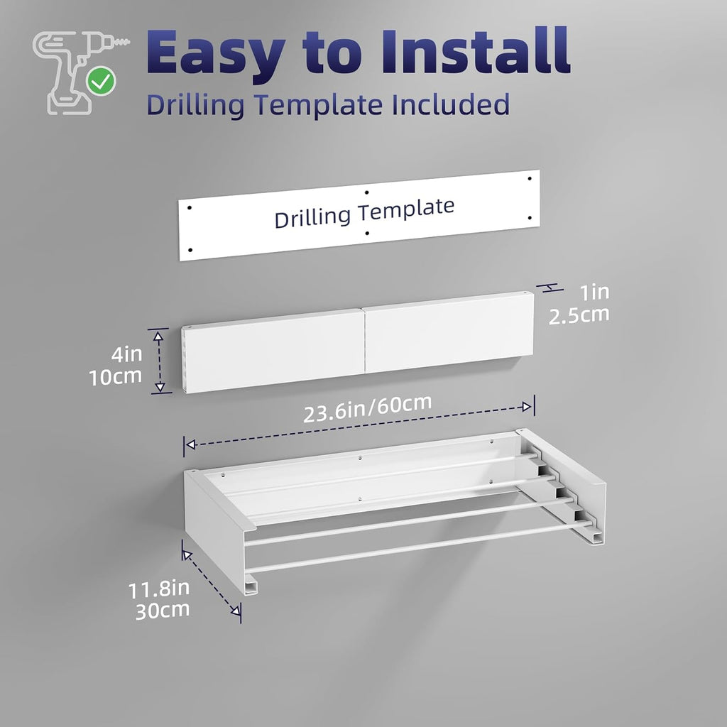 ZMBESUP Wall Mounted Drying Rack for Small Space, 23.6" Foldable Collapsible Laundry Rack, Compact Space Saver for Apartment Bathroom Balcony, Includes Wall Template (White)